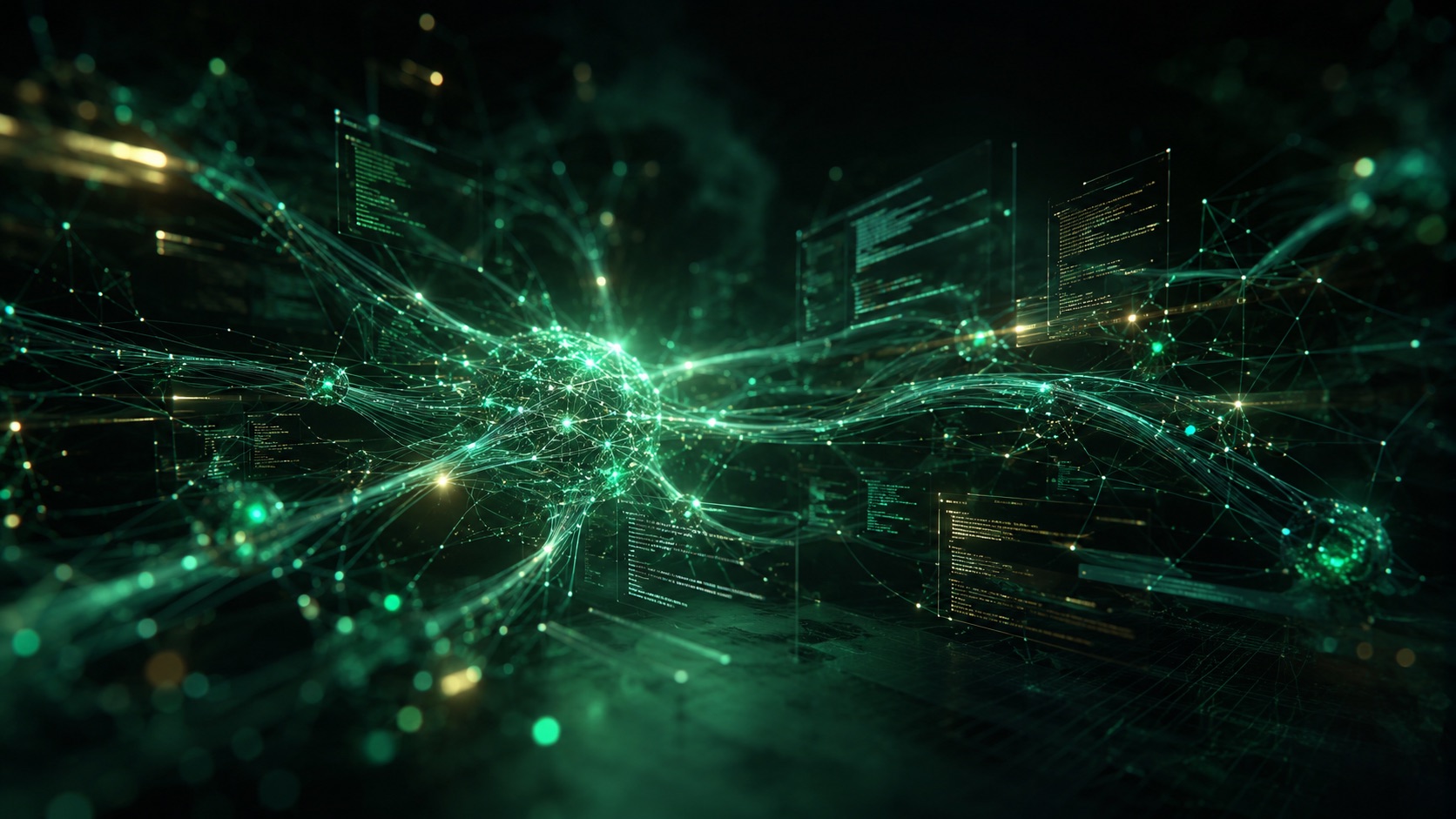 Neural network of glowing teal and emerald light nodes