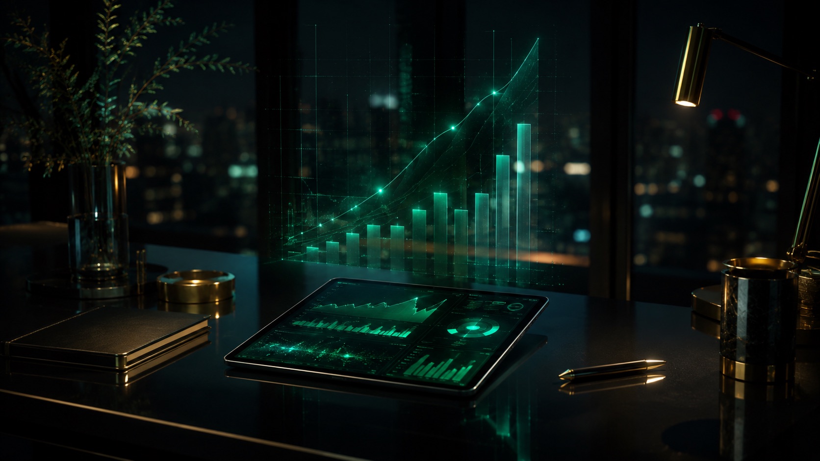 Holographic financial charts rising above a glass desk